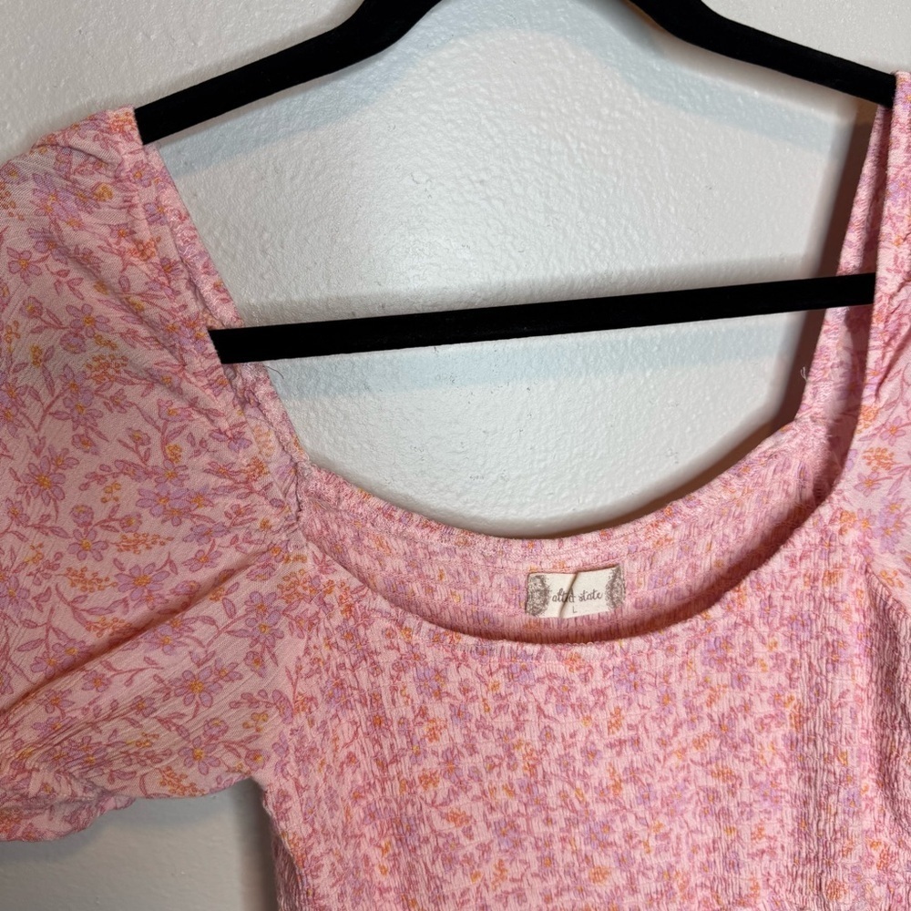 Altar’d State Addey Mini Dress Floral Pink Print Bubble Sleeve Ruched Tiered - Picture 3 of 9